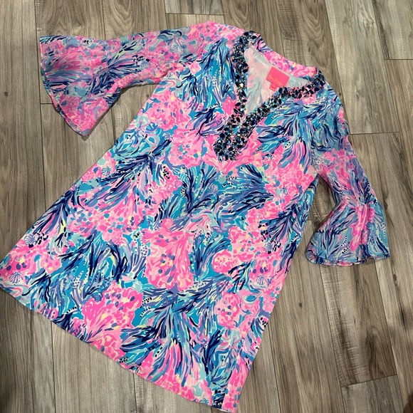 NWOT Lilly Pulitzer silk elenora periwinkle purple fan sea pants dress - Picture 2 of 7